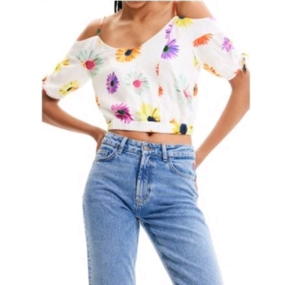 Desigual Womens Short Gathered Floral Blouse M - Picture 1 of 16